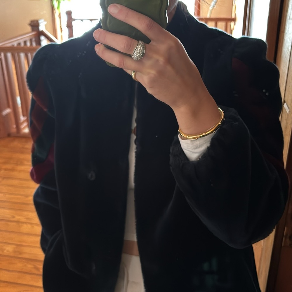Vintage Dark Blue Faux Fur Coat with Colorful Stripes